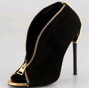 Venda Quente - Spring Summer Shoes Mulher Peep Toe Front Gold Zipper Booties Stiletto Bombas Sexy High Saltos Black Suede Ankle Boots Mulheres