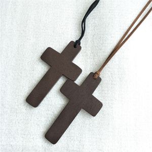 Wooden Necklace Cross Korean Style Vintage Jewelry Pendant Simple Wooden Cross And Leather Rope Charm Wedding Women Necklace Sweater Chain