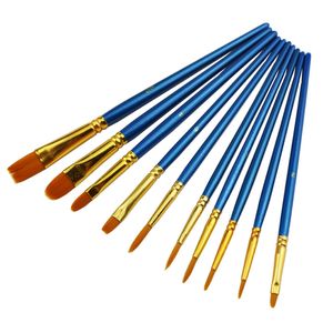 Akvarell Gouache Paint Brushes Set Blue Wooden Handle Nylon Hair 10 st Målning Pen Stationär Art Supplies