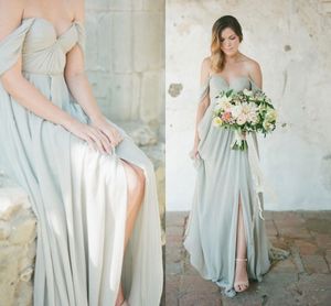 Sage Green Country Long Bridesmaid Dresses 2020 Off Shoulder Sexy Slit Chiffon Skirt Boho Junior Wedding Guest Party Gown