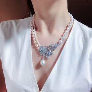 Collana di accessori in zircone con micro intarsio di fiori di perle barocche d'acqua dolce rosa bianca naturale annodata a mano