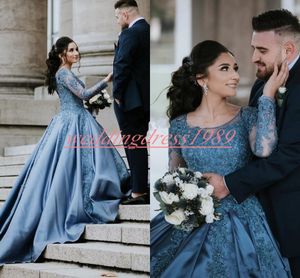 Vintage z długim rękawem Dubai Suknie ślubne Satin Sheer Koronki Train A-Line Blue 2020 Bride Dress Vestido de Novia powiedział Mhamad Bildal Ball Suknie