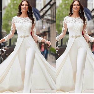 New Sexy Beach Cheap Jumpsuit A Line Wedding Dresses Jewel Neck Chiffon Lace Appliques Long Sleeves Pants Plus Size Formal Bridal Gowns