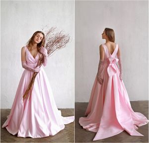 Wholesale formal party wear resale online - 2020 Elegant Pink Prom Dresses Deep V Neck A Line Satin Evening Dresses Bow Sweep Train Formal Party Wear Custom Robes De Soirée