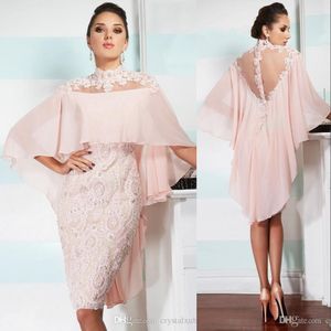 Blush Pink Sexy Mother Off Bride Dresses High Neck Chiffon Lace Applique Beaded With Cape Custom Sheer Back Wedding Plus Size Mothers Dress