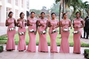 African Bridesmaid New Dresses Pink Mermaid Sheer Neck Off Shoulder Satin Lace Appliques Party Wedding Guest Dress Maid Of Honor Gowns