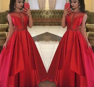 Yüksek Kalite Kırmızı Boncuk Gelinlik Modelleri Jewe Boyun Kesit Dökümlü Balo Elbisesi Saten Akşam Parti Abiye