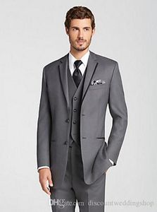 Dwa Przycisk Gray Groom Tuxedos Notch Lapel Groomsmen Wedding Clothes Prom Blazer Party Business Garnitury (kurtka + spodnie + kamizelka + krawat) J623