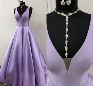 Lavender Soft Satin Formal Evening Prom Dresses Plunging V-neck Open Back Empire Waist Homecoming Bridesmaid Dress Party Vestidos De Noche