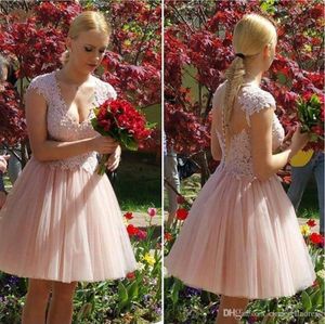 Pink V-Neck Short Homecoming Dresses Cap Sleeve Illusion Back vestido festa curto Bead Lace Appliques Prom Gown Cocktail Party Dress