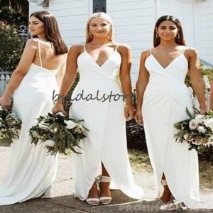 Basit Beyaz Gelinlik Modelleri Boho V Boyun Spagetti Sapanlar Backless Uzun Düğün Konuk Elbise Ucuz Yarıklar Onurlu Elbise 2020 YENI