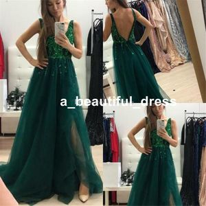 Green Bright Cekiny Prom Dresses Sexy V Neck Pełna długość Tulle Moss Urodziny Formalne Wieczorowe Party Suknie Niski Backless Glitter ED1292