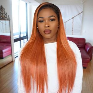 Ishow Ombre Color 4* 4 Closure Lace Front Wig Orange Straight Human Hair Wigs Purple Brazilian Pre Plucked hairline for Women 12-24inch