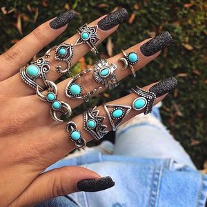 ancient silver Crown Moon Owl Drop Stacking Rings band finger Turquoise Knuckle Ring Set women fashion Jewelry Will and Sandy gift