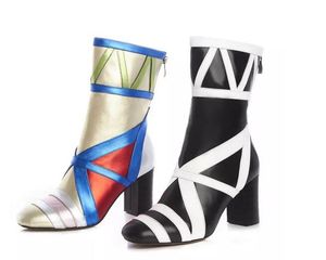 حار بيع-جديد وصول النمط الأوروبي الأزياء الشتاء خليط مربع تو الكاحل أحذية أنيقة مكتنزة هريرة الكعوب قصيرة بوتا أحذية النساء
