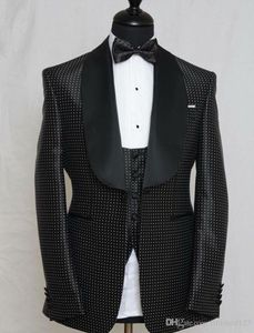 Prawdziwe zdjęcie One Button Black Polka Dot Wedding Groom Tuxedos Szal Kapel Groomsmen Mens Dinner Blazer Garnitury (Kurtka + Spodnie + Kamizelka + Krawat) No: 1586