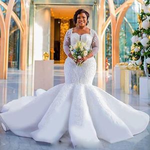 2019 Plus Size Brautkleider im Meerjungfrau-Stil, lange Ärmel, herzförmiger Ausschnitt, Pailletten, Applikation, Spitze, Sweep-Zug, Organza-Satin, Hochzeits-Brautkleid