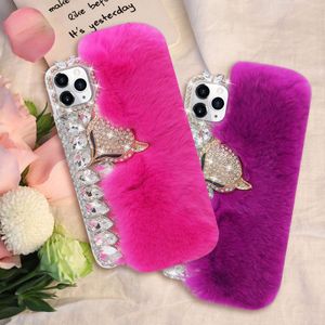 3D Fox Head Fuzzy Diamond Phone Cases for iPhone XR XSMAX 11 12 13 14 15 Pro Max Warm Plush Fluffy Soft Tpu Cover