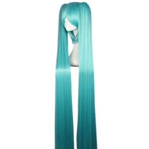Kobiety Długie proste niebieskie pełne peruki z bangami 2 ponytails Anime Cosplay Włosy do Vocaloid Hatsune Miku Rysunek