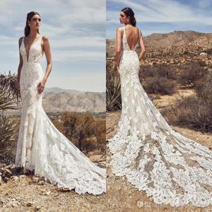 Plus Size Sexy Deep V Neck Lace Mermaid Wedding Dresses Tiered Tulle Applique Backless Court Train Wedding Bridal Gowns