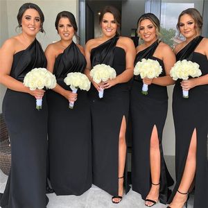 2020 New Black Satin One Shoulder Maid of Honor Dresses Sexy Bridesmaid Dresses Split Front Wedding Guest Dress Vestidos de Novia