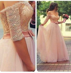 Charming Sweetheart Half Sleeves bow belt Tulle prom Dresses with Pearls and Appliques Floor Length Party Dress Custom Made