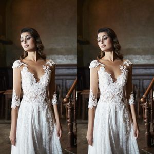 Modesto A Line Maisonsignore Abiti bohémien Gioiello Collo Manica lunga Applique Pizzo Abiti da sposa vuoti Sweep Train robe de mari￩e