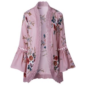 Moda Kadınlar Baskılı şifon Gömlek Puff Kol Şal Kimono Hırka Cover Up Bluz Gevşek Plajı Tops