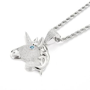 Collana Fashion-Hop Nuove collane pendenti con unicorno in oro Ice Out Collana con ciondolo placcato oro Gioielli hip-hop