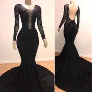 New Sexy Black Evening Dresses Wear Sheer Neck Long Sleeves Lace Applique Sweep Train Backless Plus Size African Prom Dresses Party Gowns