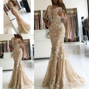 Champagne Mermaid Prom Dresses With 1/2 Half Sleeves Lace Applique Sweep Train Scoop Neck Plus Size Formal Evening Wear Party Gowns 0420