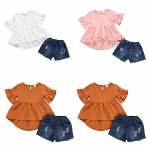 Kids Designer Clothes Girls Clothing Sets Summer Ripped Jeans Tops Cotton Linen INS Solid Ruffle T-Shirt Pants Suits Boutique Outfits B6099