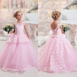 Flower Girl Dress 3D Floral Applique Jewel Neck Sleeveless Girl's Pageant Abiti Sweep Train Festa di compleanno Comunione Natale Comunione