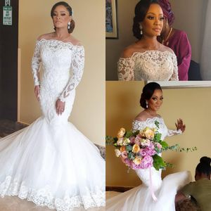 2020 New Arabic Aso Ebi Mermaid Wedding Dresses Jewel Neck Long Sleeves Pearls Beading Organza Court Train Formal Plus Size Bridal Gowns