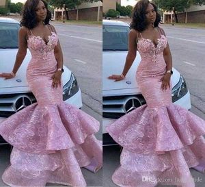 Mermaid African Black Girl Prom Dresses Lace Floral Appliqued Beads Spaghetti Tiered Skirts Evening Gowns Party Wear Custom Made