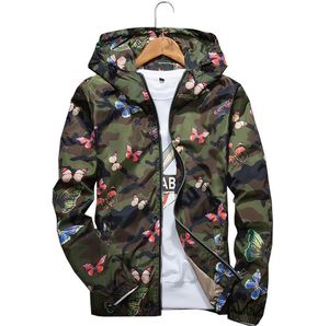 高品質レディース秋カモのジャケット薄い女性迷彩の蝶のコート春フード付きウインドブレーカーC19041501