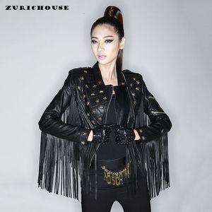 Zurichouse 2020 Deri Ceket Kadınlar Için Moda Püskül Perçin Ince Kısa Biker Coat Kadın Punk Tarzı Faux Deri Ceketler