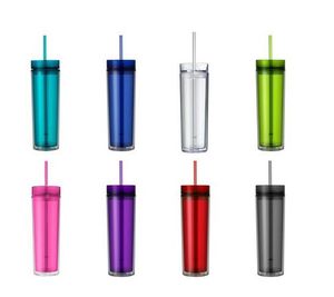 480ml Skinny Acrylic Tumbler med lock och halm Dubbelvägg Klar plastkopp BPA Gratis Rak Vattenflaska Akryl Travel Mug