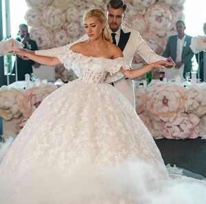 2020 Princess Wedding Dresses Off Shoulder Lace Puffy Sweep Train Bridal Ball Gowns Plus Size Wedding Dress Vestido De Novia