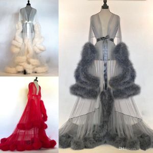 Kobiety Zima Sexy Faux Futro Lady Sleepwear Custom Made Women Shathrobe Sheer Nightgown Czerwona Biała Szara Szata Prom Druhna Szal