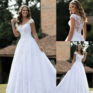 Elegante abito da sposa A Line Scollo rotondo Maniche corte Pieno Appliqued Pizzo Tulle Abito da sposa con perline Sweep Train Boho Vestidos De Novia