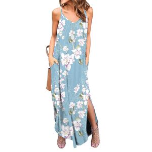 Kvinnor Sommar Casual Lös Klänning Ärmlös Strand Cover Up Lång Cami Strappy Maxi Flora Tryckta Klänningar med Ficka