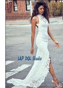 Sexy Backless Lace Suknie ślubne Side Split Sweep Pociąg Koronki Long Summer Style Lace Beach Suknie ślubne