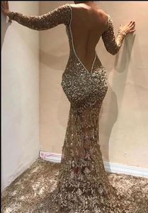 2019 DeepV Neck Long Sleeves Speecins Mermaid Long Invinding Dresses Beaded Sheer Mesh Sexy Side Stupl Splitless Party PROM DR3317