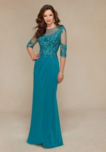 Longo azul mãe da noiva vestidos colher pescoço meia manga renda apliques vestido de convidado de casamento festa de noite formal Gowns283q