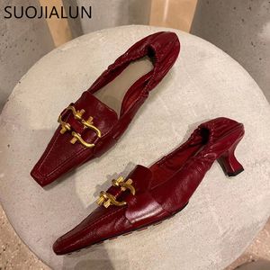 SUOJIALUN Donna Pompa Marchio di moda Fibbia Slip On Mocassini 5 cm Med Tacco a punta Sandali da festa Office Lady Dress Pump Shoes