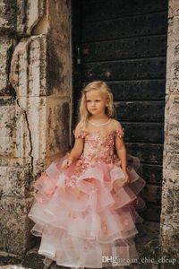 Sheer Neck Lace Blumenmädchenkleider Ballkleid Tiers Little Girl Brautkleider Vintage Pageant Erstkommunion Kleider Kleider