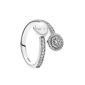 Vit Crystal Pearl Clear CZ Diamant Sterling Silver Ring Set Original Box för Pan Lysous Glöd Ringar Kvinnor Flickor Bröllop Smycken W180