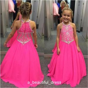 Abiti da spettacolo per bambine fucsia Cristalli in rilievo Una linea in chiffon Haltr eNeck Abiti da ragazza di fiori per bambini per matrimoni FG1335