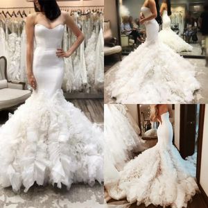 Lindos babados vestidos de casamento sereia vestidos strapless espartilho superior zíper back vestido nupcial 2019 varredura trem vintage igreja vestido de casamento mais tamanho